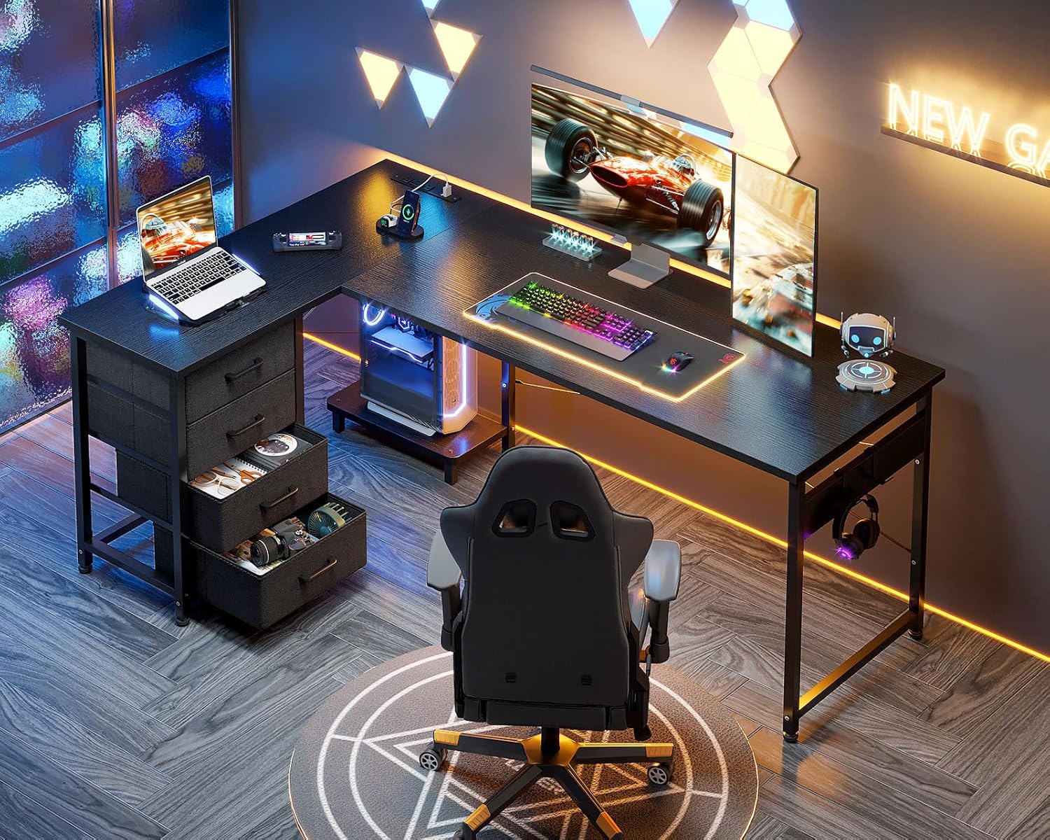 AODK L Shaped Gaming Desk with 4 Drawers, 61" Reversible Home Office Desks with Power Outlets, L Shaped Computer Desk with USB Charging Port and Host Stand, Corner Desk, Easy to Assemble, Black