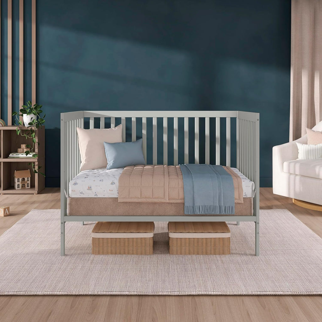 Dream On Me Synergy 5-in-1 Convertible Full-Size Baby Crib with Toddler, Day & Full Bed Conversion in Cool Grey, GreenGuard Gold & BSA, 3 Mattress Heights, Sustainable Pinewood