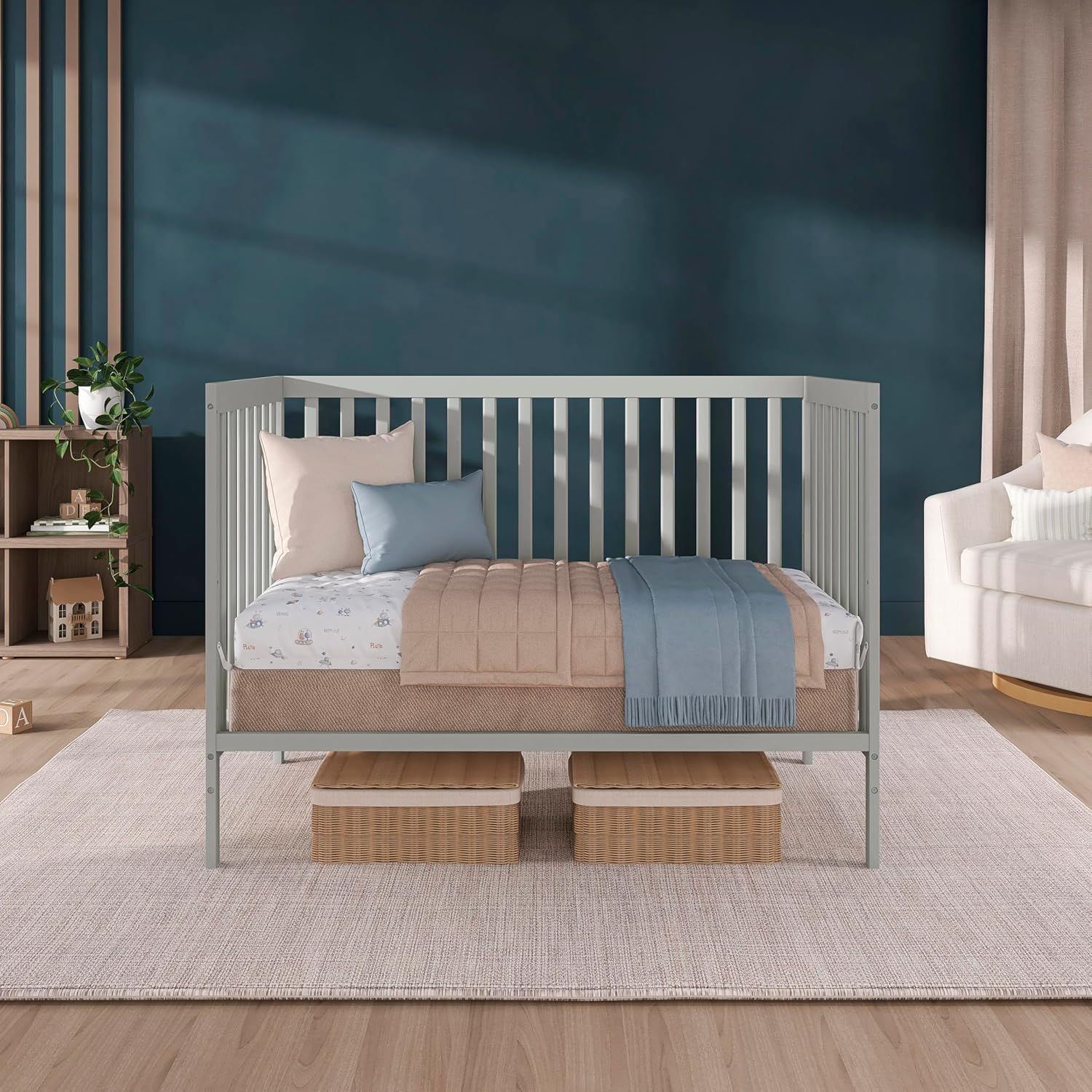 Dream On Me Synergy 5-in-1 Convertible Full-Size Baby Crib with Toddler, Day & Full Bed Conversion in Cool Grey, GreenGuard Gold & BSA, 3 Mattress Heights, Sustainable Pinewood