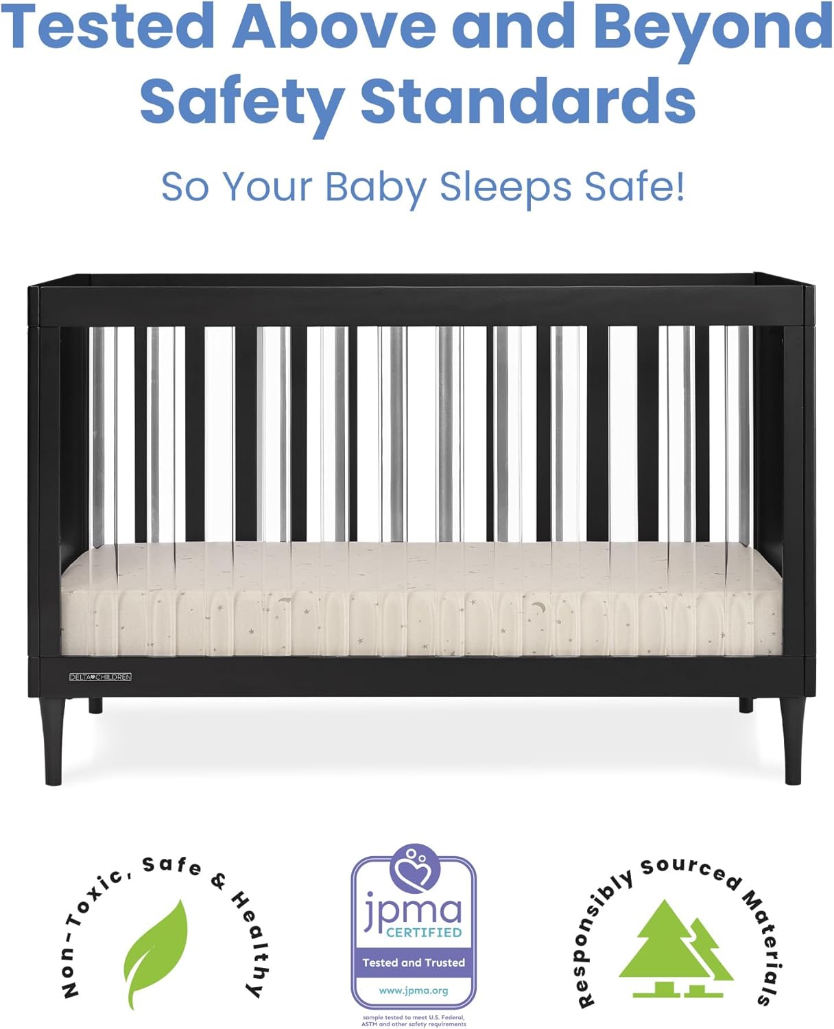 Delta Children Bowie 4-in-1 Convertible Acrylic Crib - Greenguard Gold Certified, Black Ebony
