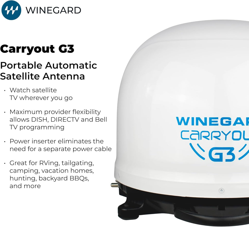 Winegard GM‑9000 Carryout G3 - Automatic Portable Satellite TV Antenna - Dual Receiver Outputs – DIRECTV, Dish & Bell - RV, Camping, Tailgating & Outdoor Entertainment - White