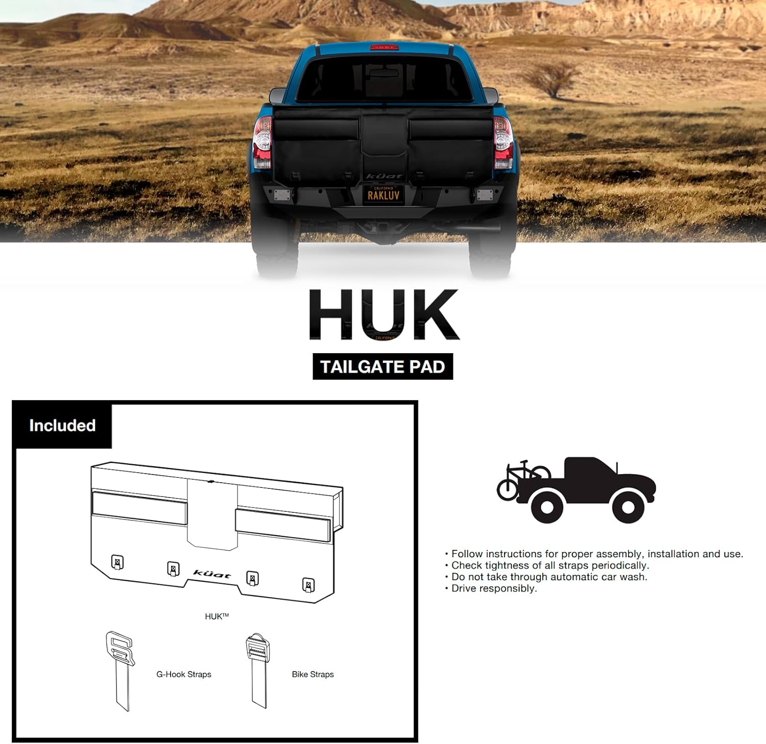 KUAT HUK 61" Curved Durable Soft-Touch TPU Padded Pickup Truck Tailgate Bike Hauling Transportation Easy-Access Protective Pad w/Nylon Straps, Metal G-Hook Buckles & Roll-Up Window, Black