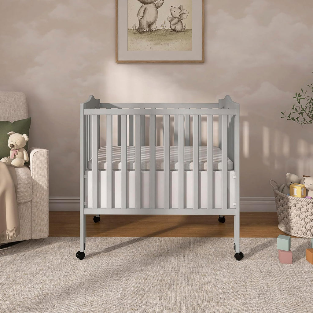 Dream On Me 2-in-1 Lightweight Folding Portable Stationary Side Crib in Pebble Grey, Greenguard Gold Certified, Baby Crib to Playpen, Folds Flat for Storage, Locking Wheels