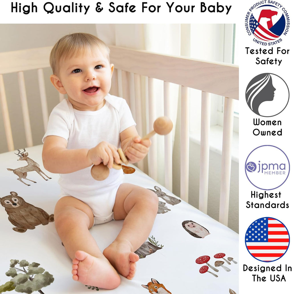 Sweet Jojo Designs 4-Piece Baby Crib Bedding Set (Woodland Animals) for Boys or Girls, Infants/Nursery incl. Blanket, Fitted Sheet, Skirt, Diaper Stacker (Neutral Theme, Forest Animal, Bear, Hedgehog)