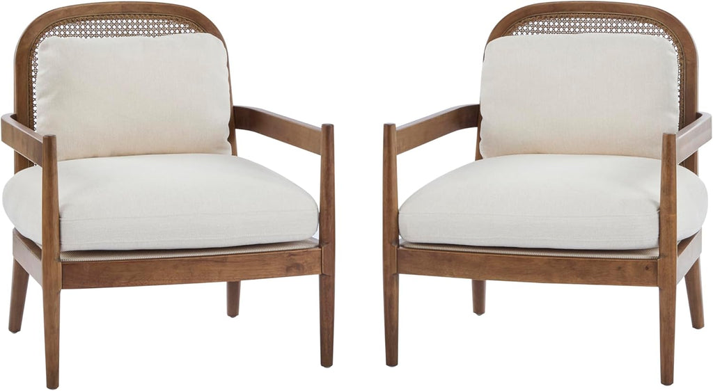 Christopher Knight Home Nadine Modern Club Chair Set of 2 with Cushion, Wooden Living Room Accent Chair with Rattan Open Back, Bedroom Comfy Reading Chair, Beige+Light Brown