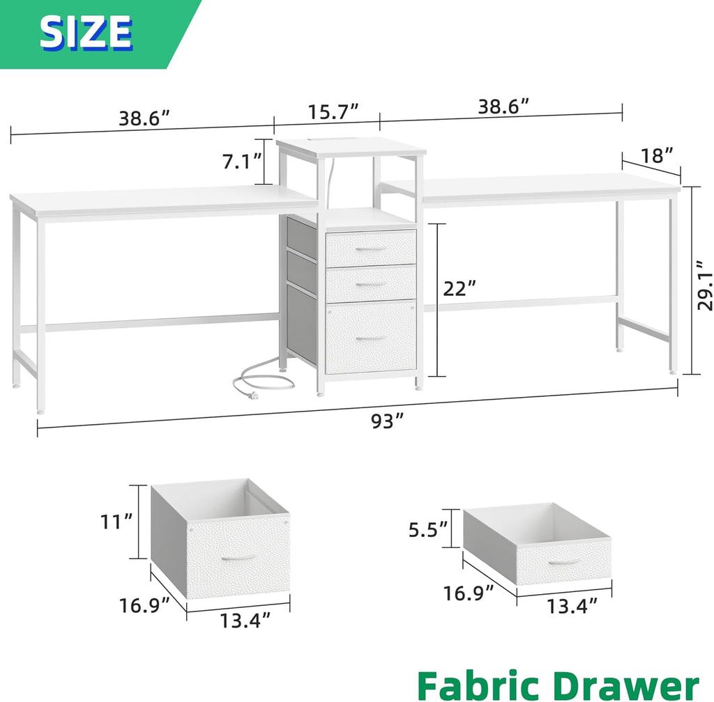 GYIIYUO 93'' Two Person Desk with Charging Station, Long Desk with 3 Drawers and Printer Shelf, Double Computer Desk, 2 Person Writing Study Table Workstation for Home Office, White