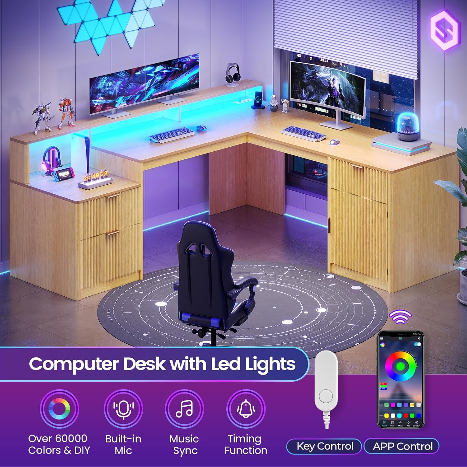 SEDETA 66" Modern L Shaped Desk with Drawers, Fluted Home Office Desk with File Cabinet and Printer Shelf, Wood Executive Desk with Monitor Stand, Power Outlets, Led Lights, Oak