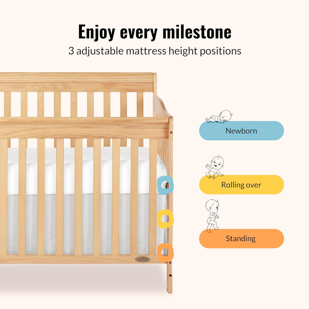 Dream On Me Ashton 4-In-1 Convertible Crib In Natural, Greenguard Gold, JPMA Certified, Non-Toxic Finishes, Features 4 Mattress Height Settings, Made Of Solid Pinewood