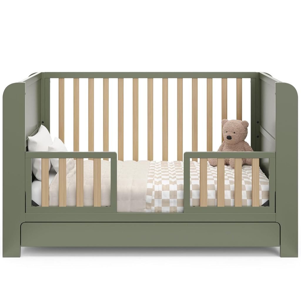 Graco Read-with-Me 4-in-1 Convertible Crib with Drawer - GREENGUARD Gold Certified Converts to Toddler Bed, Daybed, and Functional Bookshelves (Olive and Driftwood)