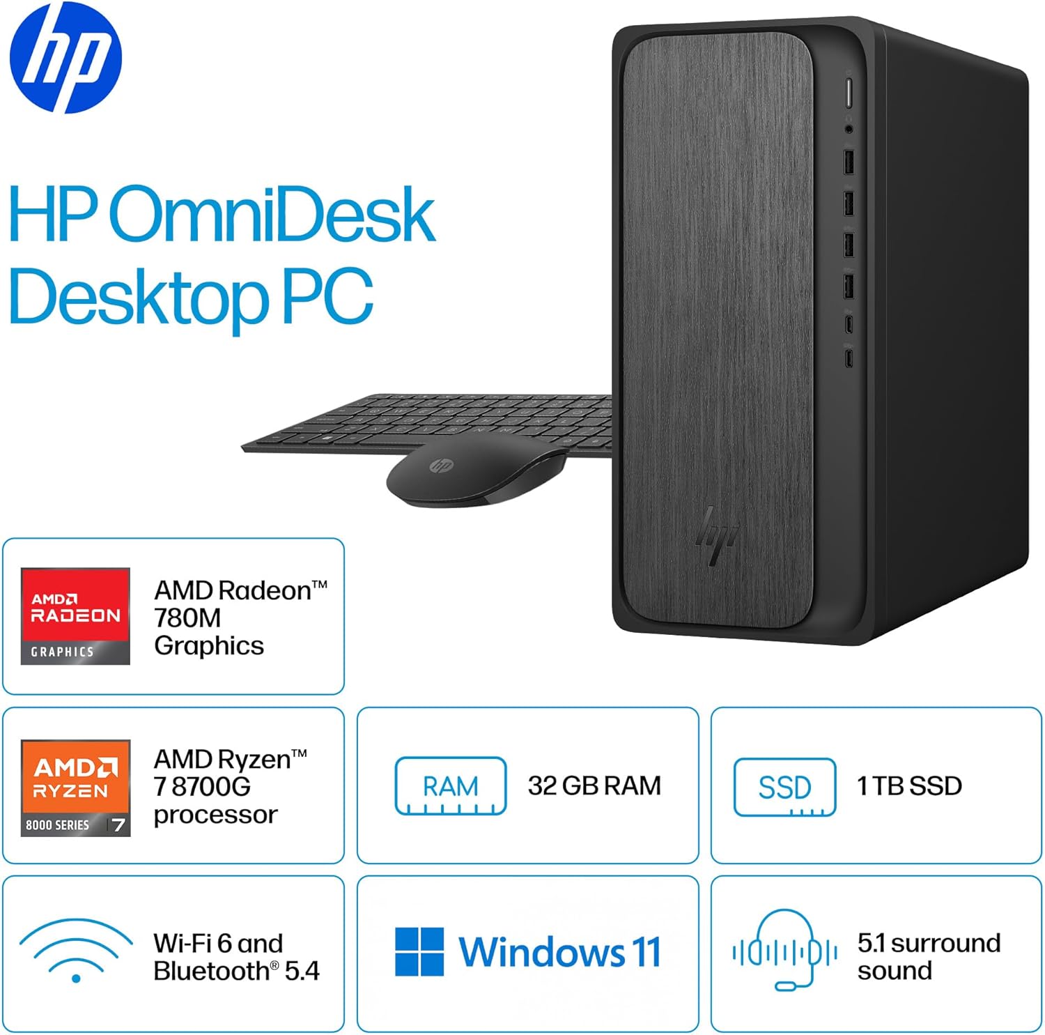 HP OmniDesk Desktop Computer PC, AMD Ryzen 7 8700G, 32GB DDR5 Memory, 1TB NVMe SSD, Radeon 780M Graphics, Wi-Fi 6 + Bluetooth 5.4 (Includes Keyboard + Mouse) (Renewed)