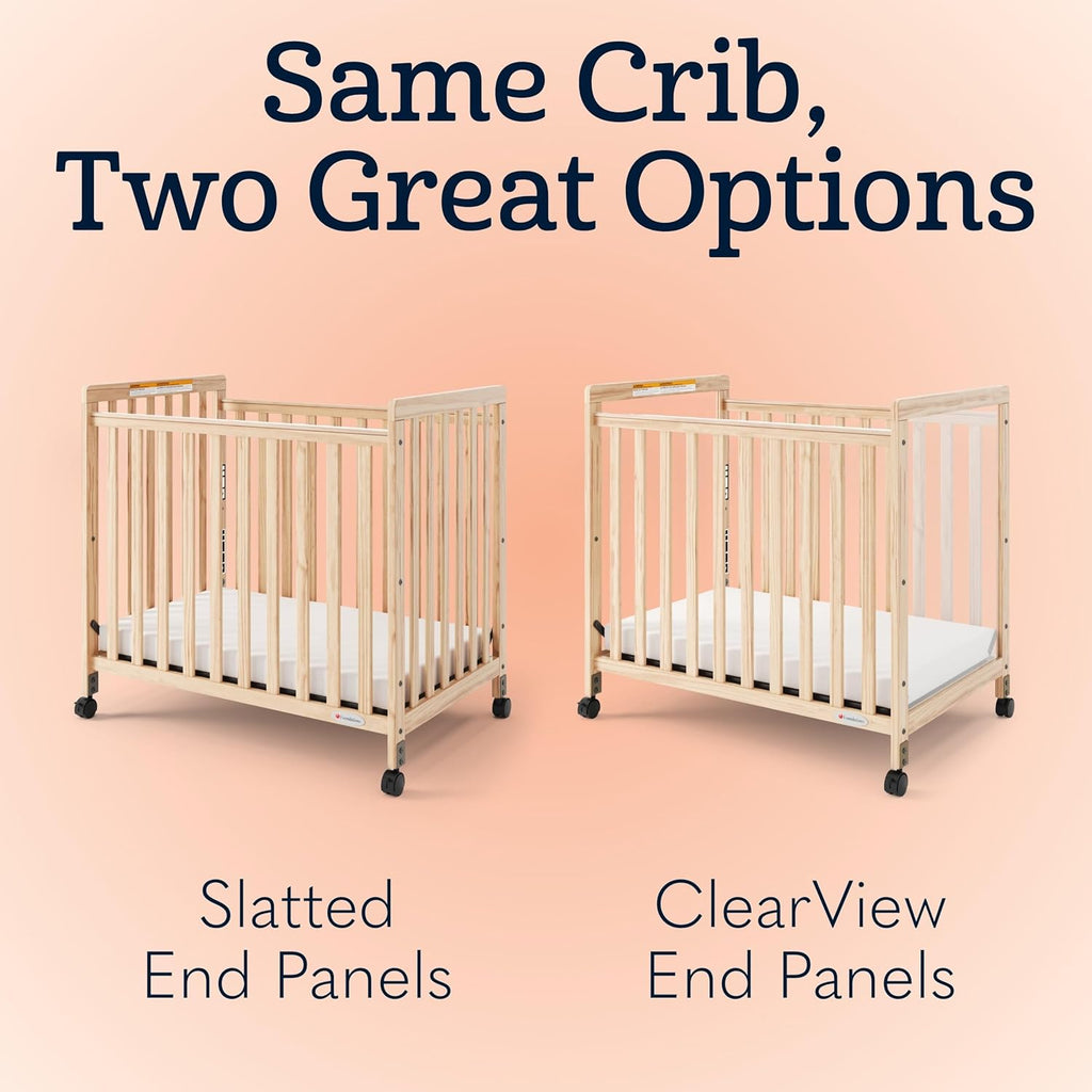 Foundations SafetyCraft Compact Slatted Daycare Crib, Durable Wood Construction, Non-Marking Casters (2 Locking), Includes 3” InfaPure Foam Mattress, Natural