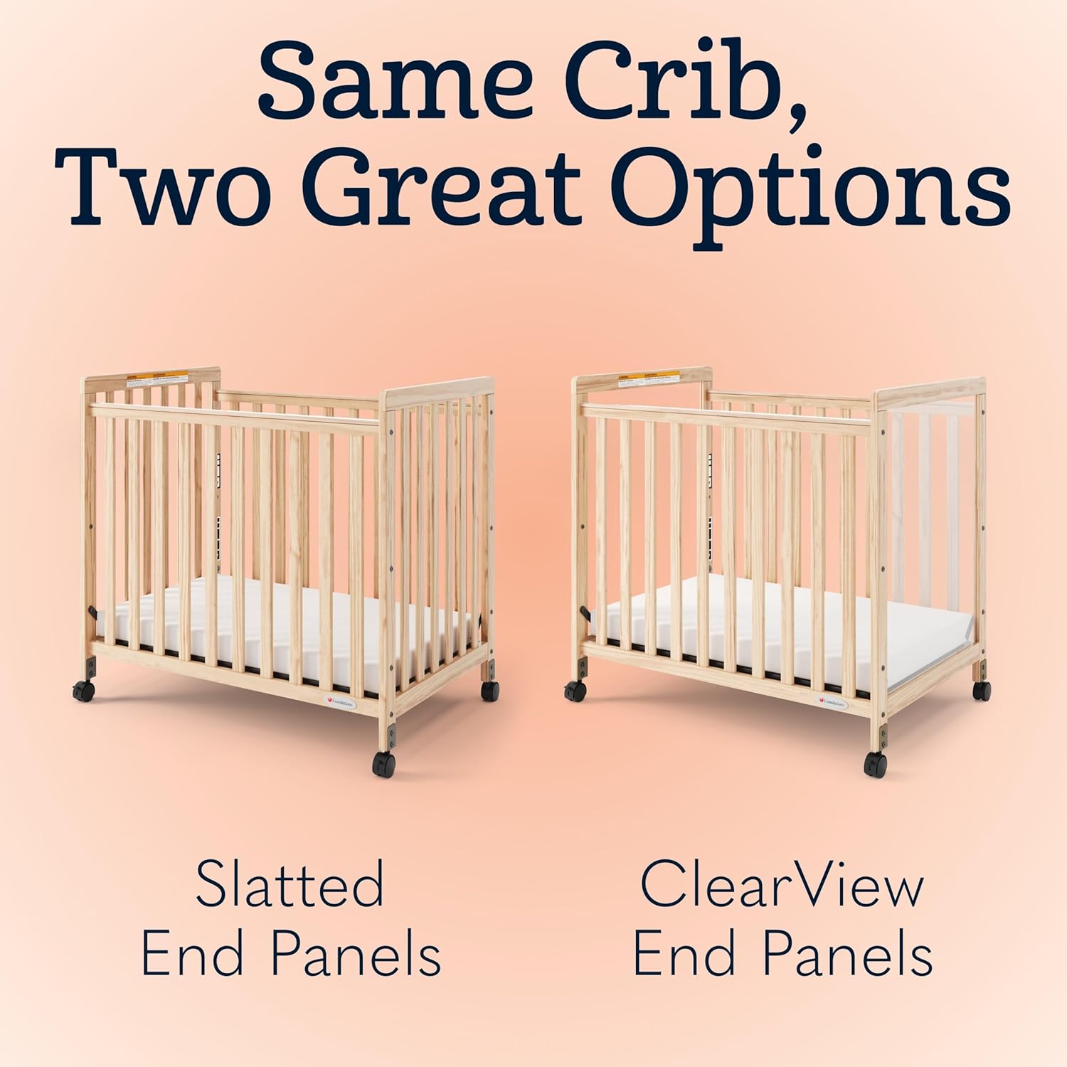 Foundations SafetyCraft Compact Slatted Daycare Crib, Durable Wood Construction, Non-Marking Casters (2 Locking), Includes 3” InfaPure Foam Mattress, Natural