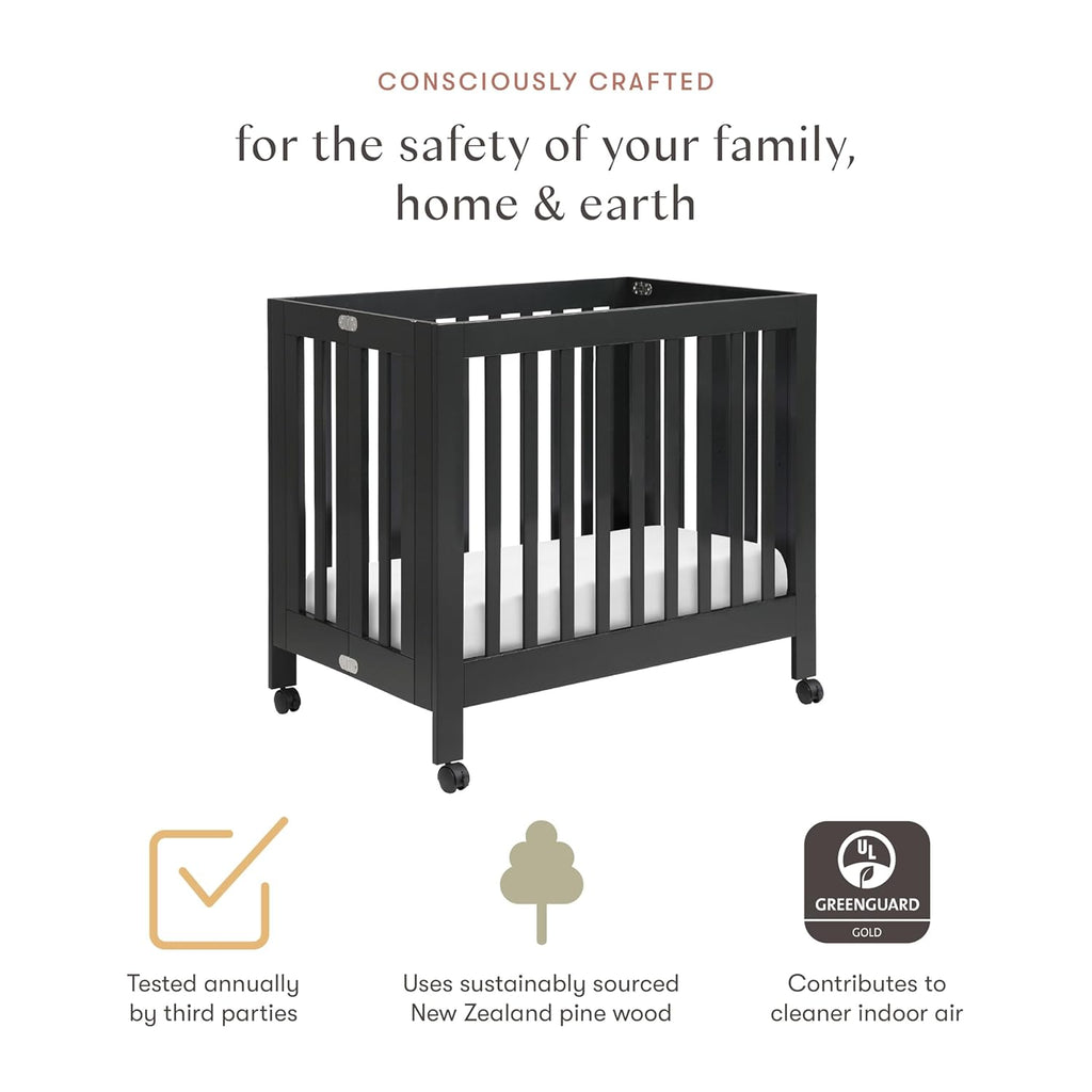 Babyletto Origami Mini Portable Folding Crib with Wheels in Black, 2 Adjustable Mattress Positions, Greenguard Gold Certified