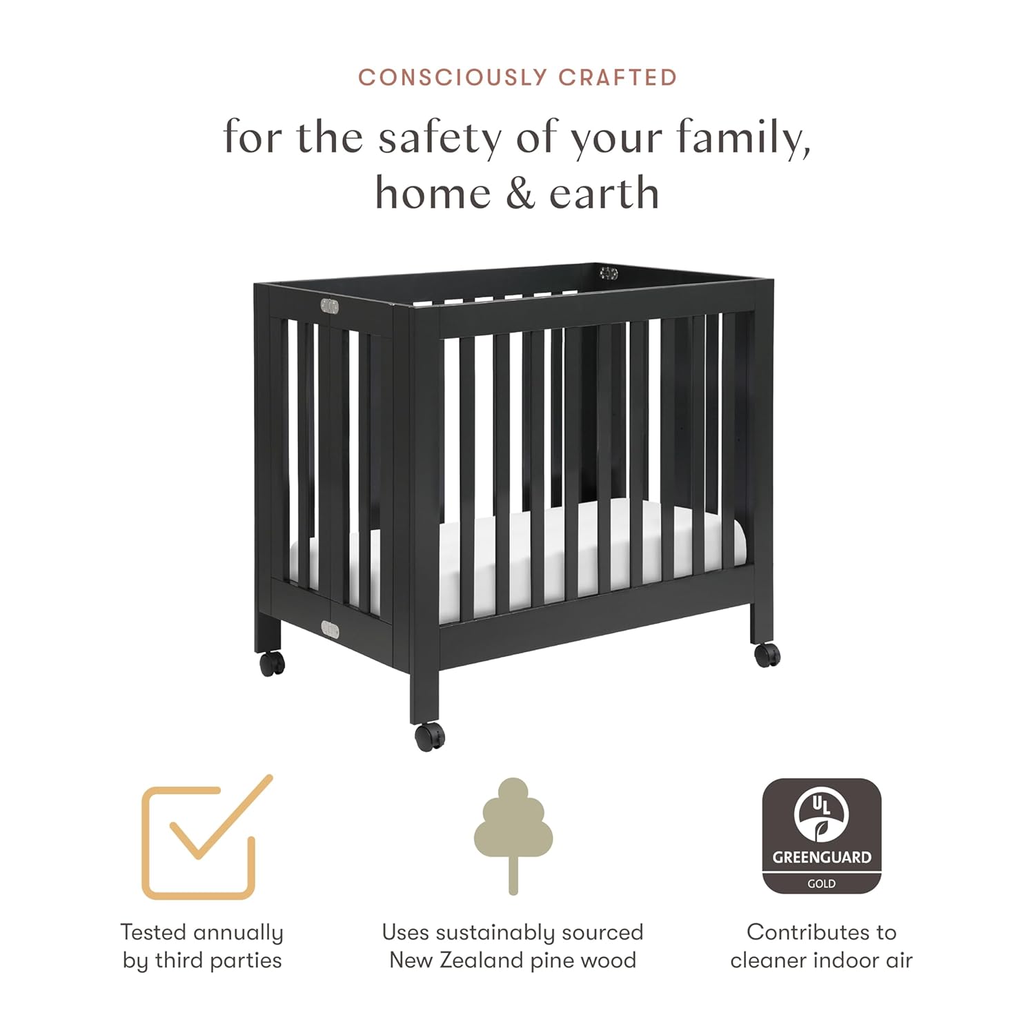 Babyletto Origami Mini Portable Folding Crib with Wheels in Black, 2 Adjustable Mattress Positions, Greenguard Gold Certified