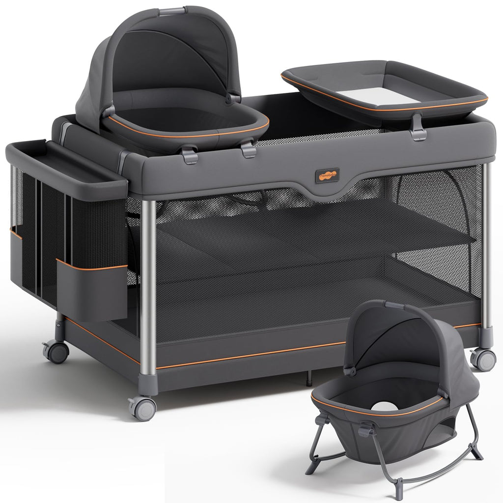Pamo Babe 6-in-1 Pack and Play with Bassinet, Deluxe One-Step Setup Baby Bassinet with Changing Table, Sleeper Nest, Storage Bag, 4 Wheels Portable Crib Travel Playpen for Baby and Toddler (Gery)