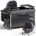 Pamo Babe 6-in-1 Pack and Play with Bassinet, Deluxe One-Step Setup Baby Bassinet with Changing Table, Sleeper Nest, Storage Bag, 4 Wheels Portable Crib Travel Playpen for Baby and Toddler (Gery)