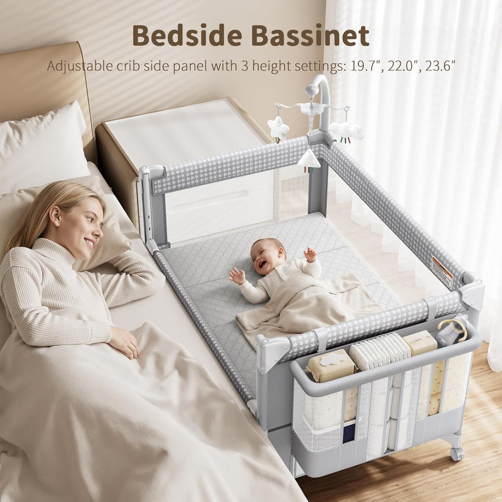 GAIVE 4 in 1 Baby Bassinet, One-Push Setup Pack and Play, Bedside Crib Sleeper with 3 Height Adjustable .Diaper Changer, Come with Comfy Mattress, Rotating Toy Bar, from Infants to Toddlers (Grey)