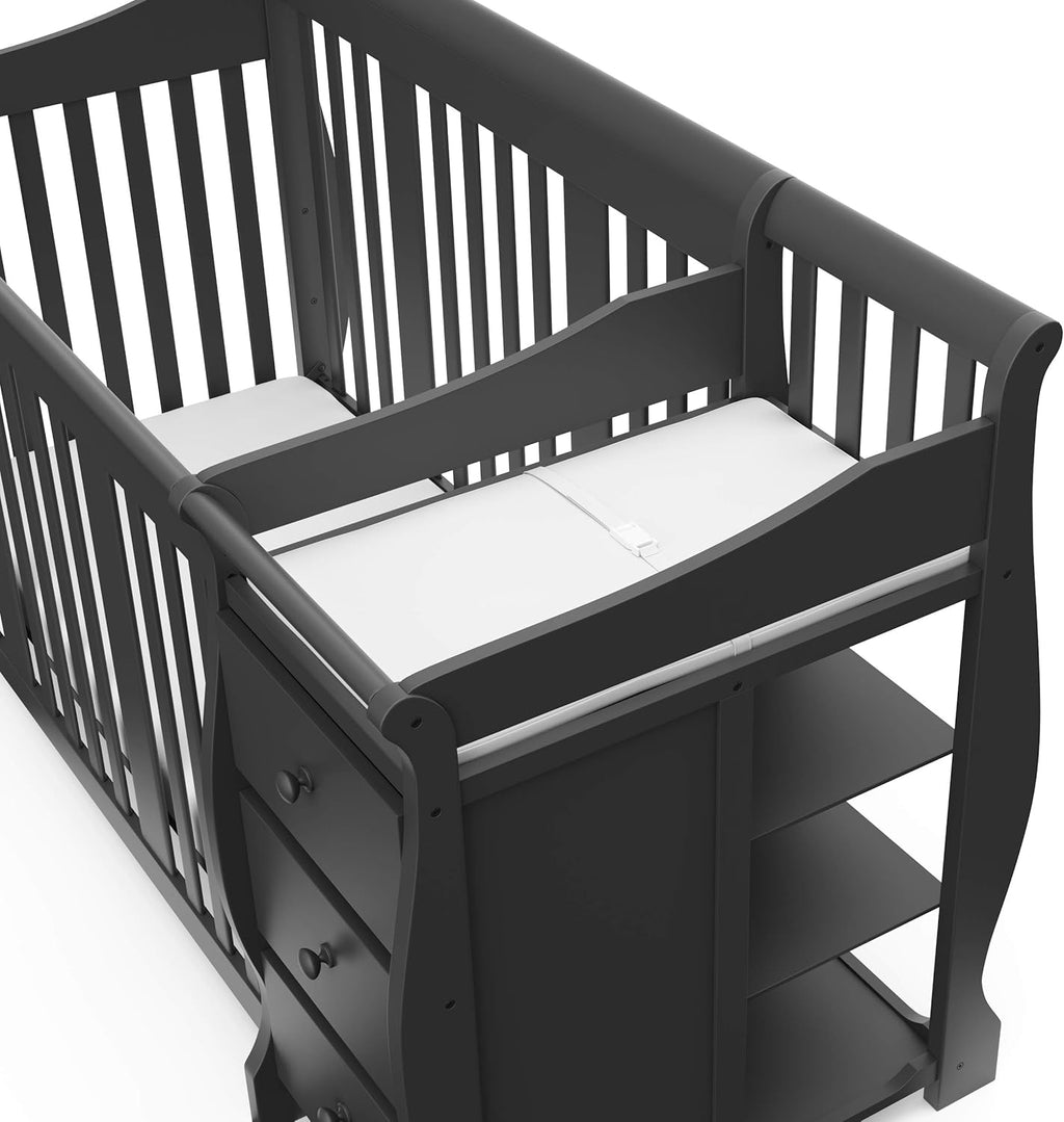 Storkcraft Portofino 5-in-1 Convertible Crib and Changer – Crib and Changing Table Combo with Drawer, Converts to Toddler Bed, Daybed and Full-Size Bed, Storage Drawer (Gray)