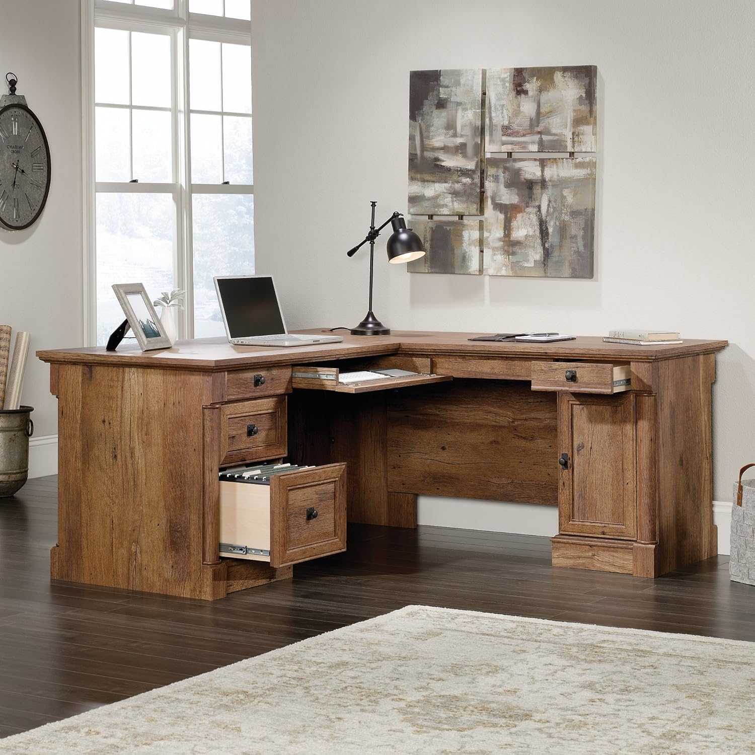 Sauder Palladia L Shaped Desk with Drawers, Office Desk with File Cabinet Storage, Cable Management, Keyboard Tray, in Vintage Oak Finish