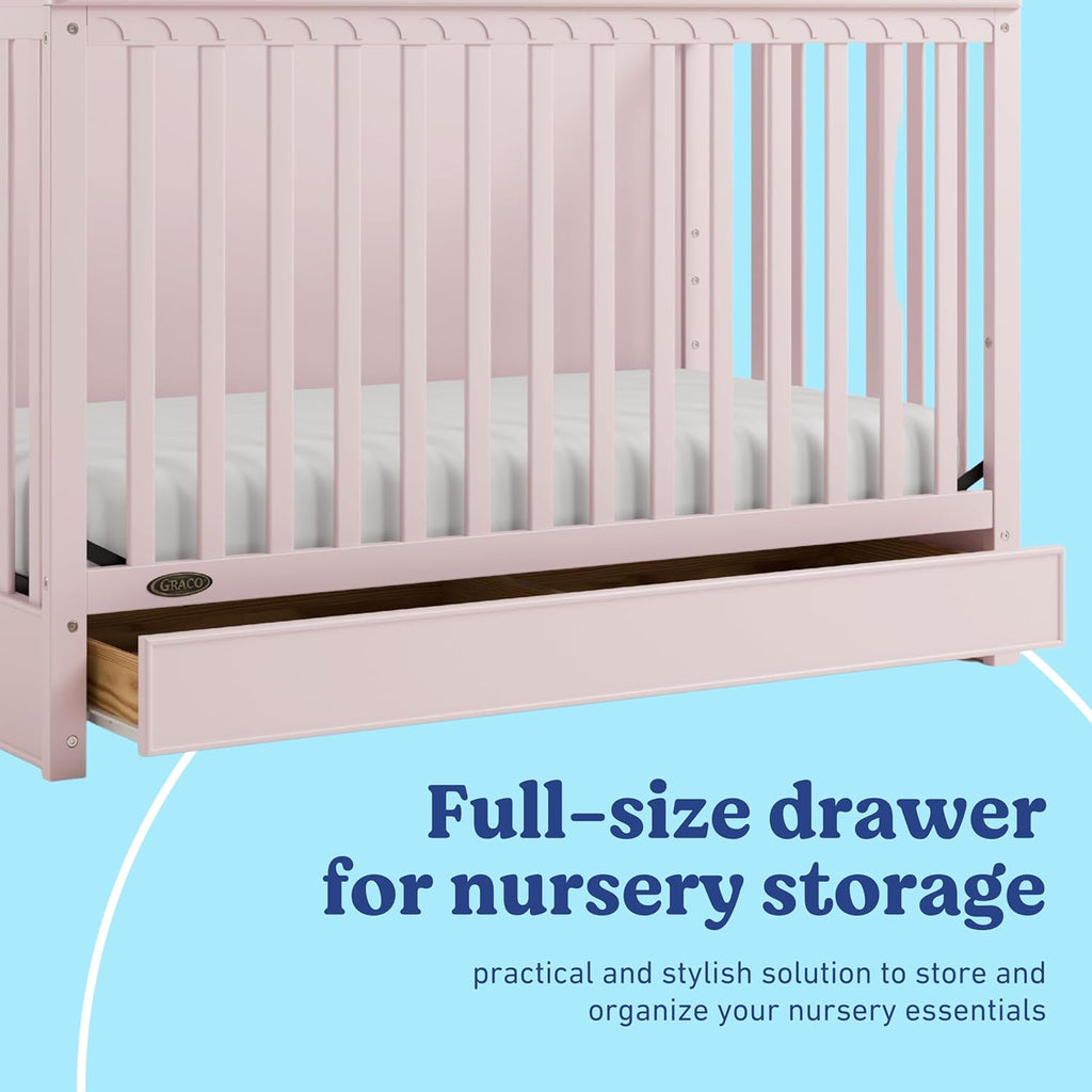 Graco Sasha 5-in-1 Convertible Crib with Drawer – GREENGUARD Gold Certified Wood Crib, Converts to Toddler Bed, Daybed, Full-Size Bed, Stylish Classic Design (Blush)