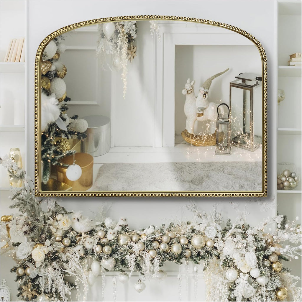 Antique Gold Arched Wall Mirror - 36"x28" with Metal Beaded Frame | Decorative Accent Mirror for Fireplace, Bedroom, Living Room, Dresser, Mantle