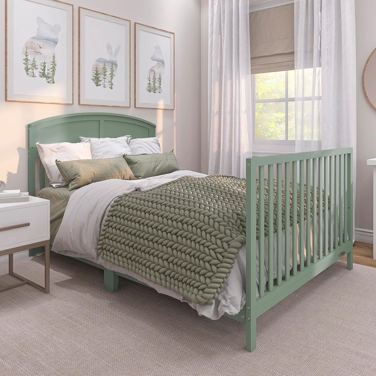 Dream On Me Storybrooke 5-in-1 Convertible Full-Size Baby Crib, GreenGuard Gold & BSA Certified, Convert to Toddler, Day & Full-Size Bed Sustainable Pinewood, 3 Mattress Height Settings - Meadow Green