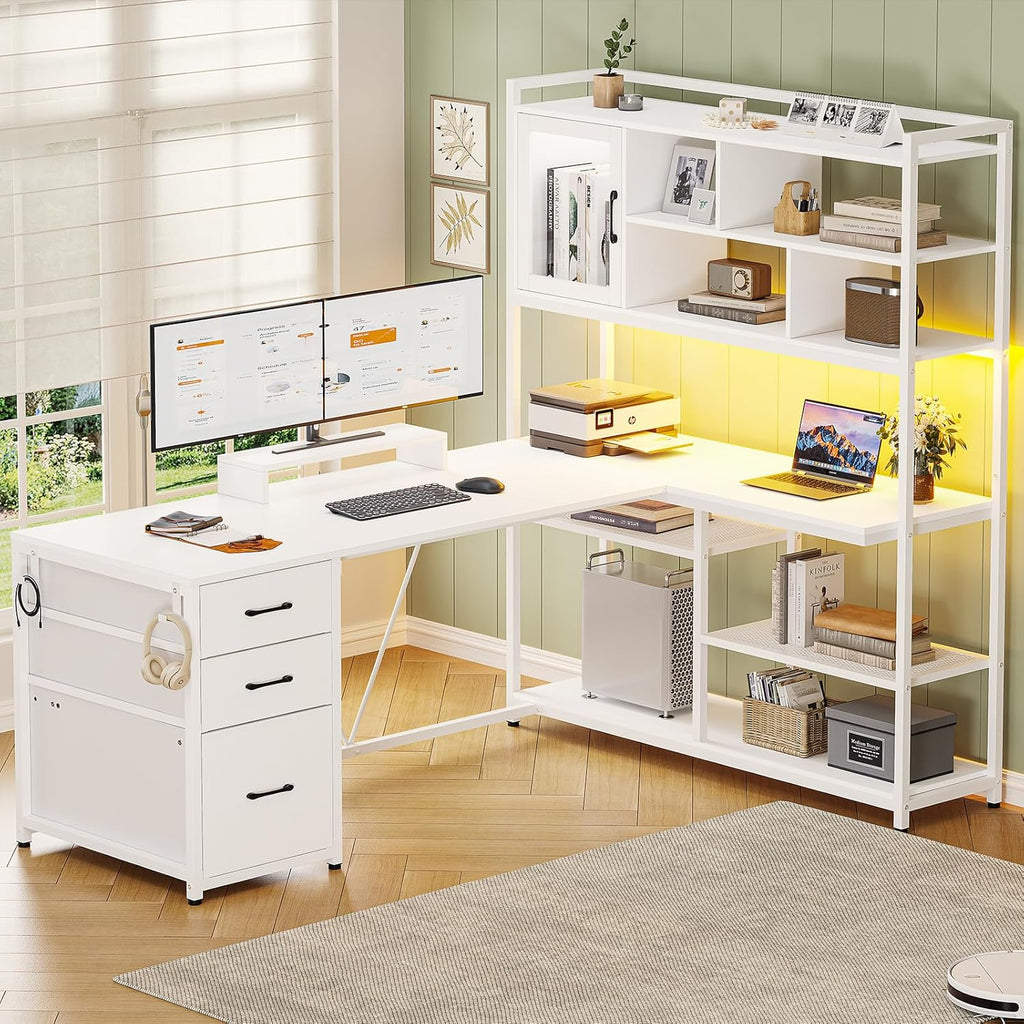 SEDETA L Shaped Computer Desk, 58'' Office Desk with 3 Drawers and Bookshelf, L Shaped Corner Desk with Storage Shelves and LED Light for Home Office, Gaming Desk, L Desk, White