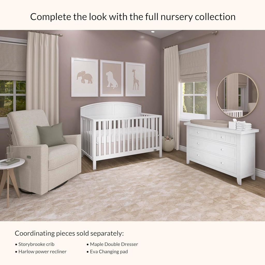 Dream On Me Storybrooke 5-in-1 Convertible Full-Size Baby Crib, GreenGuard Gold & BSA Certified, Convert to Toddler, Day & Full-Size Bed Sustainable Pinewood, 3 Mattress Height Settings - White