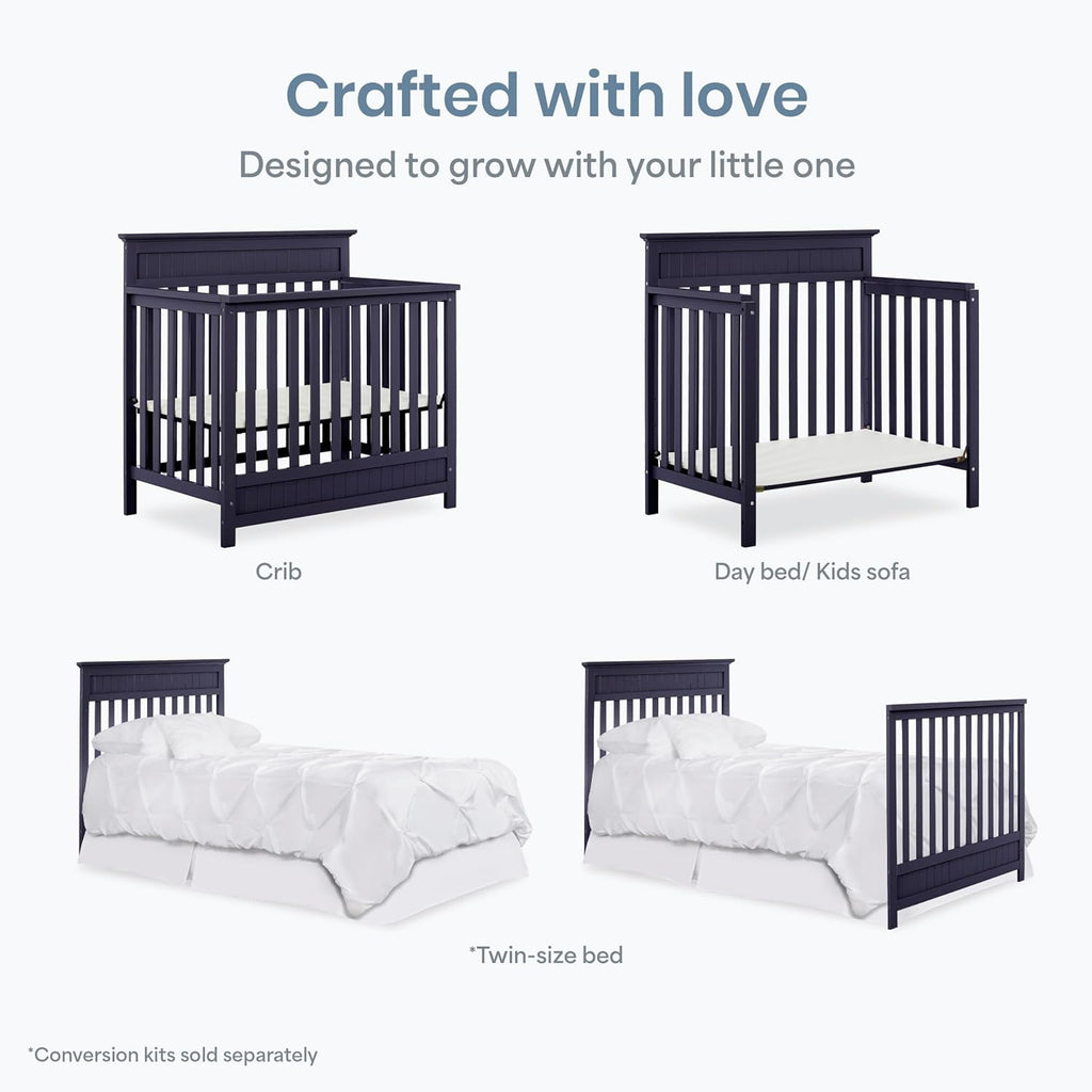 Dream On Me Harbor 4‑in‑1 Convertible Mini Baby Crib in Navy, GreenGuard Gold & BSA, Non-Toxic, Pinewood, Converts to Mini Daybed & Twin Bed, 1″ Mattress Pad, Perfect for Small Nurseries