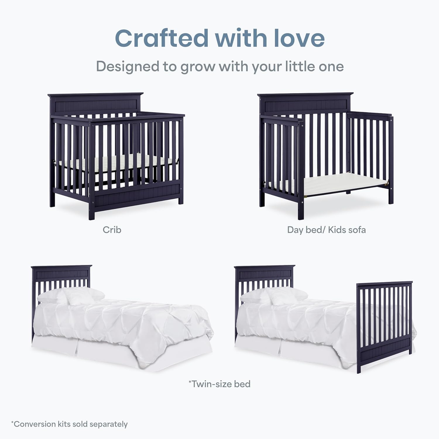 Dream On Me Harbor 4‑in‑1 Convertible Mini Baby Crib in Navy, GreenGuard Gold & BSA, Non-Toxic, Pinewood, Converts to Mini Daybed & Twin Bed, 1″ Mattress Pad, Perfect for Small Nurseries