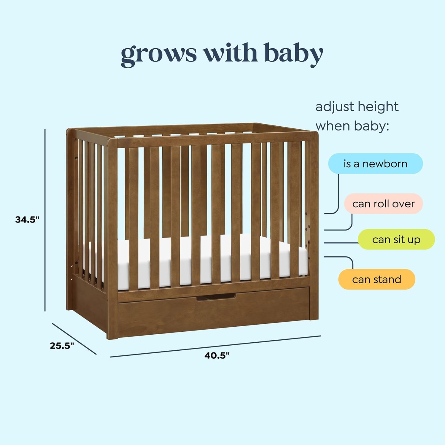 Carter's by Davinci Colby 4-in-1 Convertible Mini Crib with Trundle Drawer in Walnut, Greenguard Gold Certified, Undercrib Storage