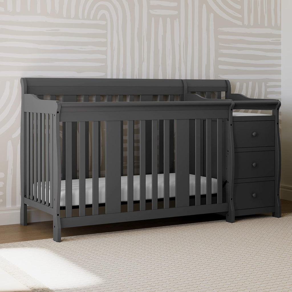 Storkcraft Portofino 5-in-1 Convertible Crib and Changer – Crib and Changing Table Combo with Drawer, Converts to Toddler Bed, Daybed and Full-Size Bed, Storage Drawer (Gray)