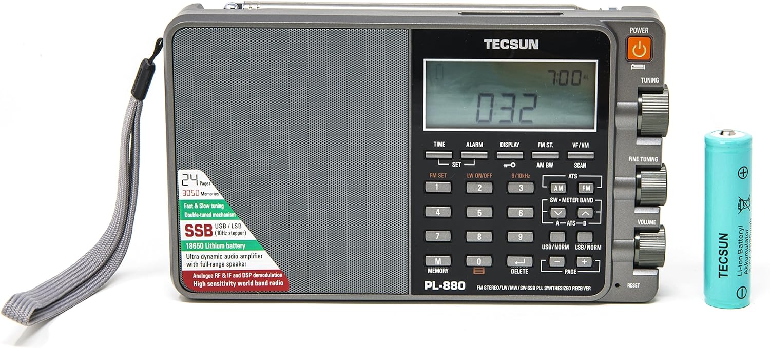 Tecsun PL880 Portable Digital PLL Dual Conversion AM/FM, Longwave & Shortwave Radio with SSB (Single Side Band) Reception, Color Silver