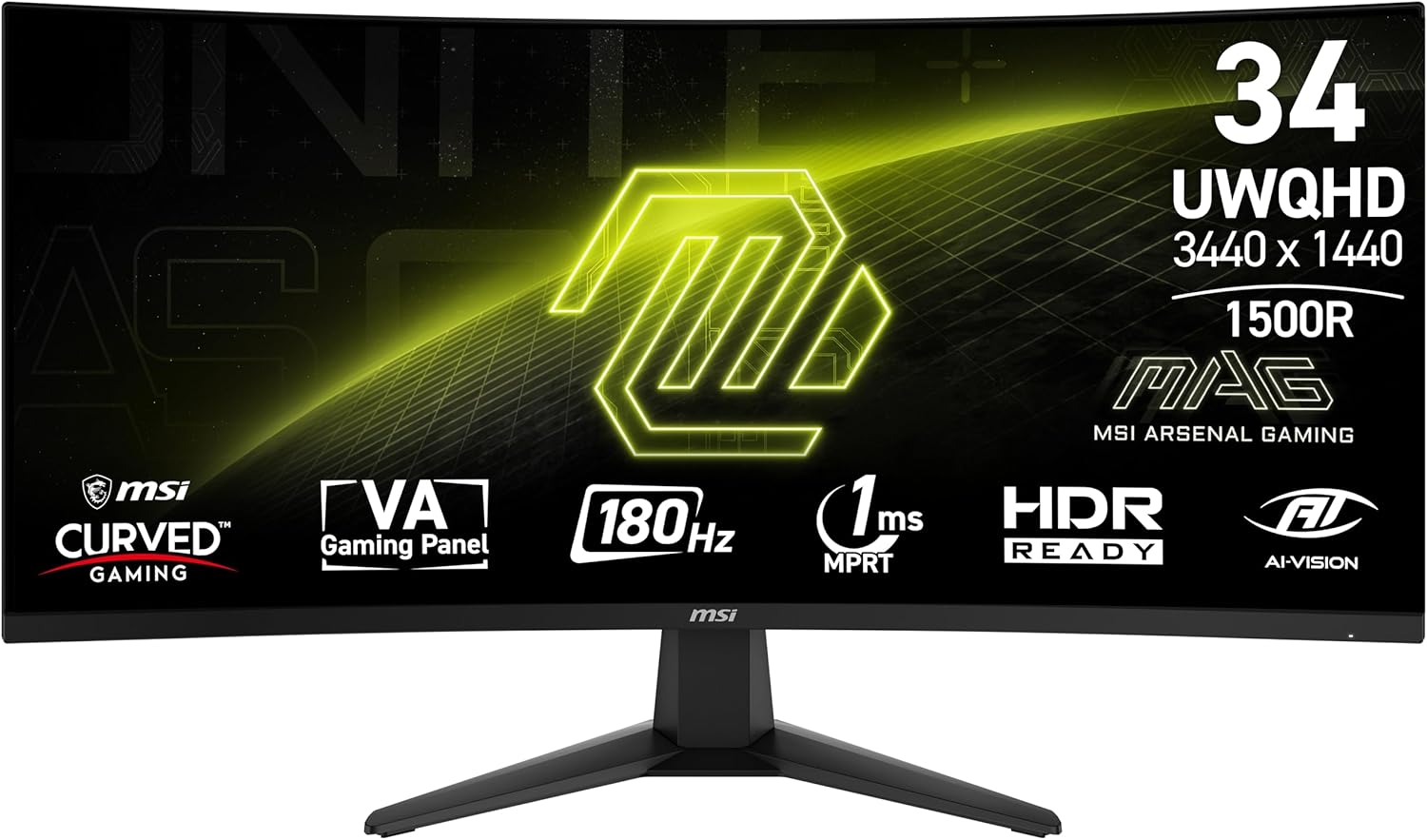 msi MAG 346CQ 34-inch 3440 x 1440 (UWQHD) Gaming Monitor, 180Hz, FreeSync Premium, HDMI, DisplayPort, VESA Mountable, Tilt, Height Adjustable, Speaker, 1ms, Black