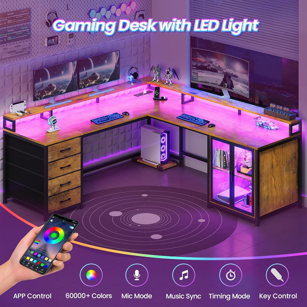 SEDETA L Shaped Gaming Desk with 4 Drawers, 109” Computer Desk with Display Cabinet, Home Office Desks with 2 Monitor Stands, CPU Stand, LED Lights and Power Outlet, Rustic Brown