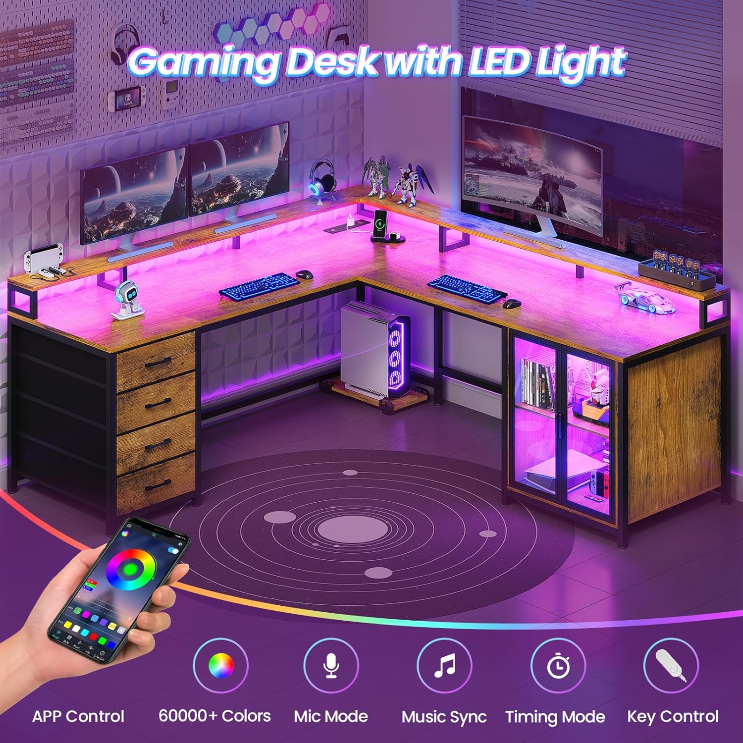 SEDETA L Shaped Gaming Desk with 4 Drawers, 109” Computer Desk with Display Cabinet, Home Office Desks with 2 Monitor Stands, CPU Stand, LED Lights and Power Outlet, Rustic Brown