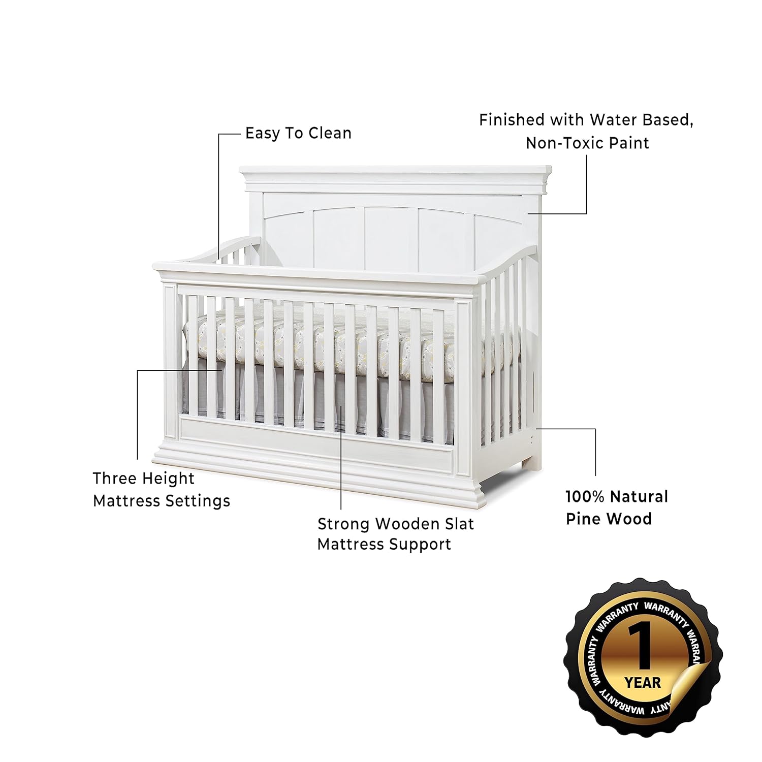 Sorelle Furniture Modesto Classic 4-in-1 Convertible Crib, Wooden Baby Bed, Non-Toxic Finish, Toddler Bed, Daybed & Full-Size Bed, Nursery Furniture-White