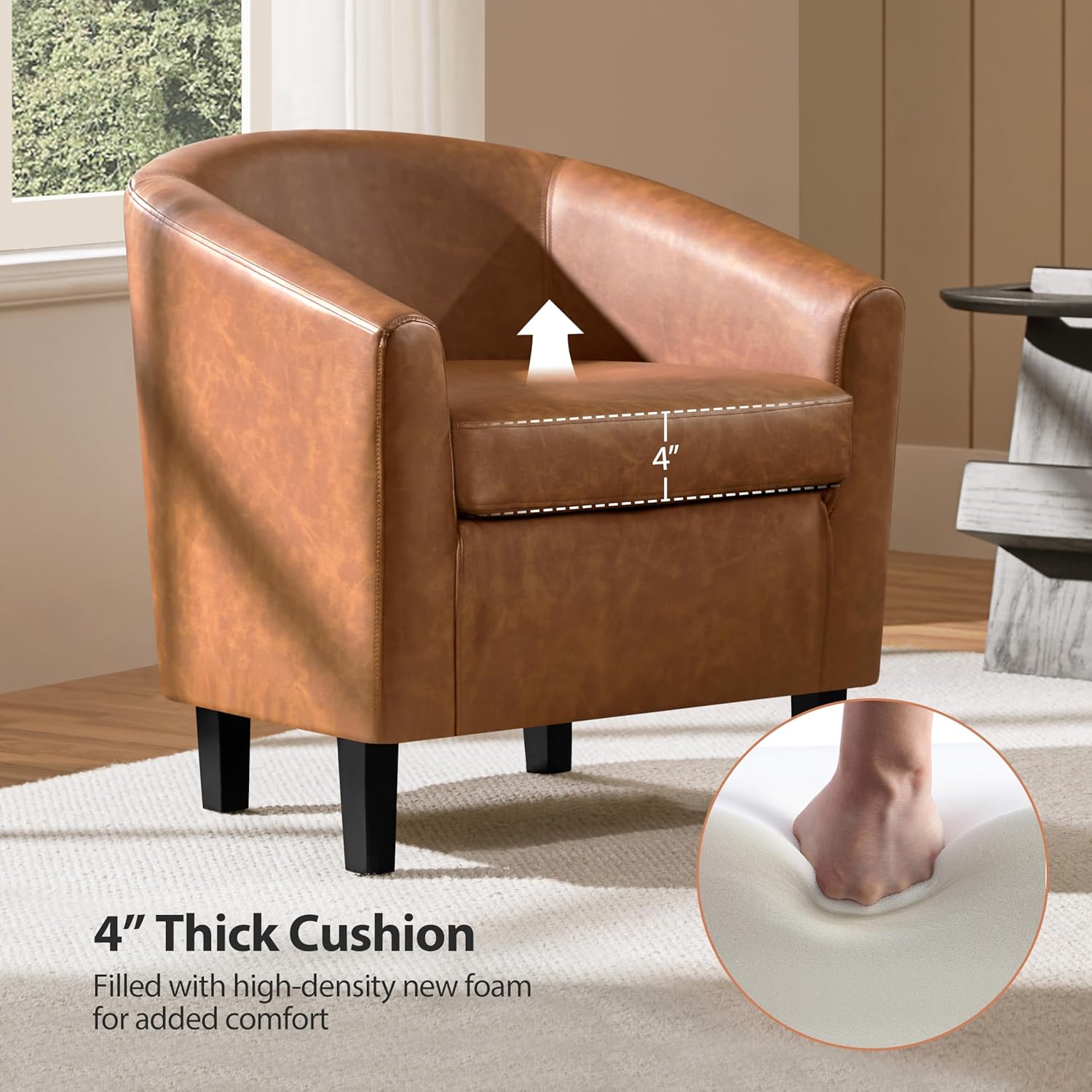 Yaheetech Brown Accent Chairs Set of 2, Faux Leather Barrel Chairs, Comfy Modern Leather Club Armchairs with Soft Seat for Living Room Bedroom Reading Waiting Room
