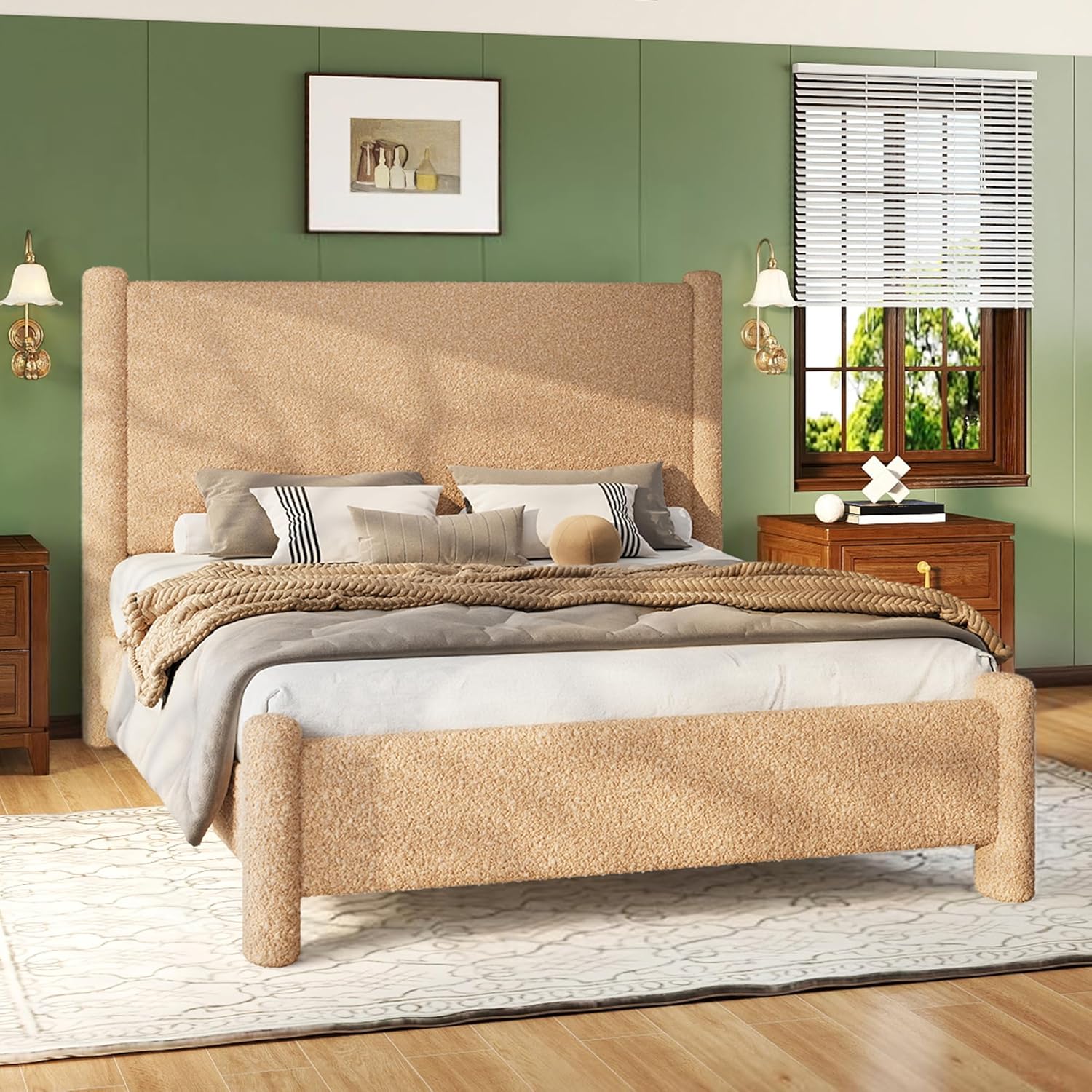 AMERLIFE Queen Boucle Cloud Upholstered Bed Frame with Cylinder Headboard, Modern Platform Structure, Sherpa Boucle Soft Design, No Box Spring Needed, Khaki