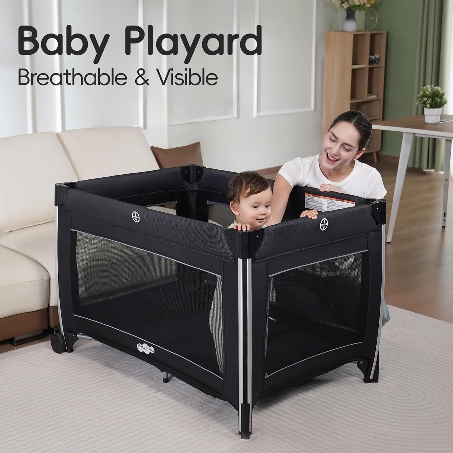 Pamo Babe 4 in 1 Baby Playards with Bassinet & Changing Table, Portable Crib Breathable Mesh and Toy Mobile