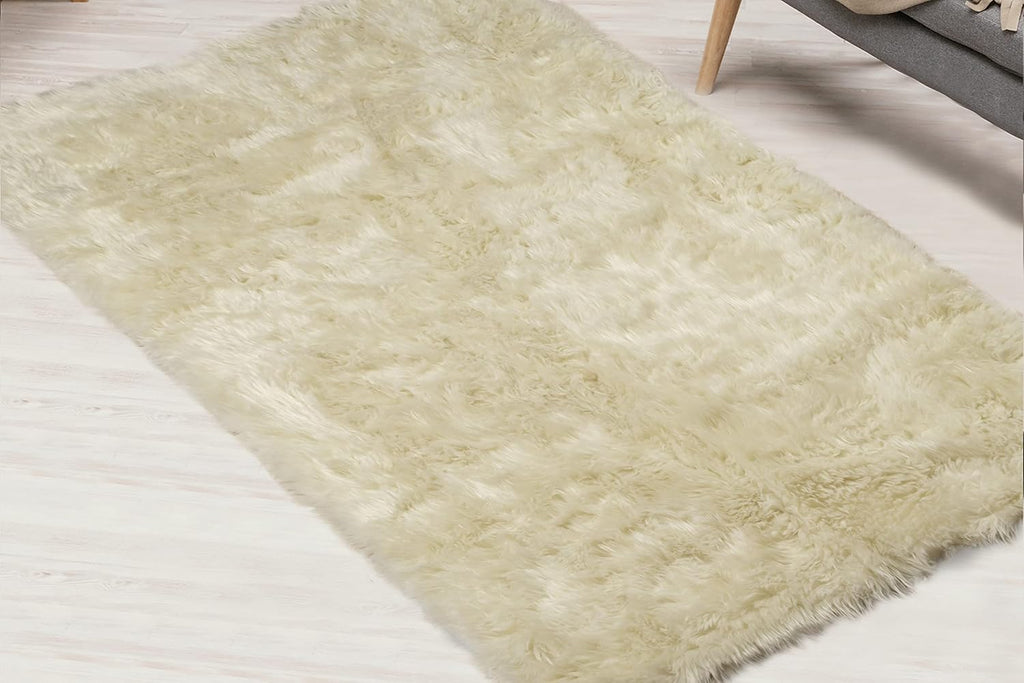 Silky Soft Faux Fur Rug, 3.3 ft. x 4.8 ft. Ivory Fluffy Rug, Made in France, Sheepskin Area Rug, Rectangle Rug for Living Room, Bedroom, Kid's Room, or Nursery, Home Décor Accent with Non-Slip Backing