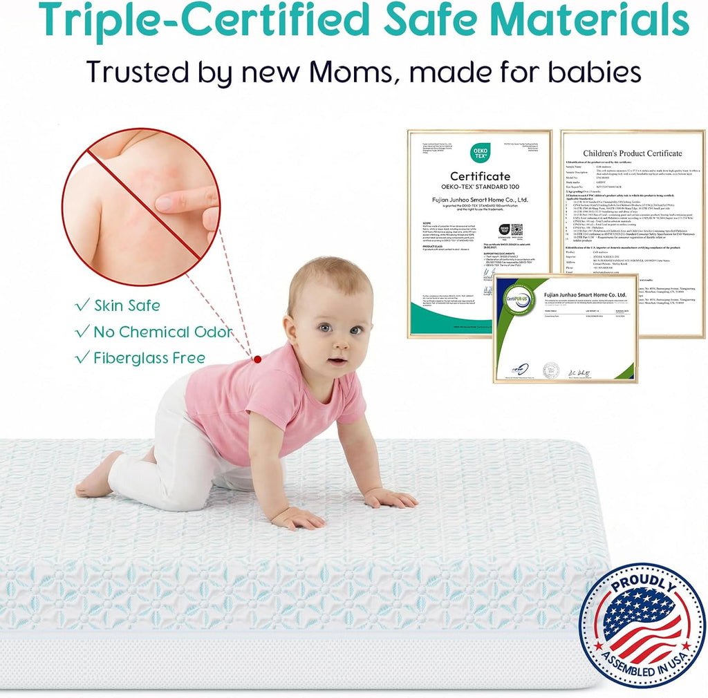 4 in 1 Crib Mattress, 6" Dual Sided Memory Foam Toddler Bed Mattress, Cotton Heat & Tencel Cooling Cover, Firm Breathable Baby Mattress for Infant & Toddler, Waterproof Linning & Washable