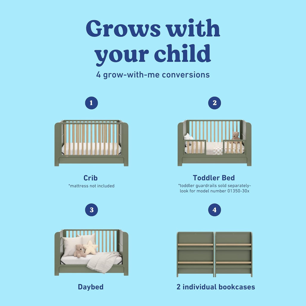 Graco Read-with-Me 4-in-1 Convertible Crib with Drawer - GREENGUARD Gold Certified Converts to Toddler Bed, Daybed, and Functional Bookshelves (Olive and Driftwood)