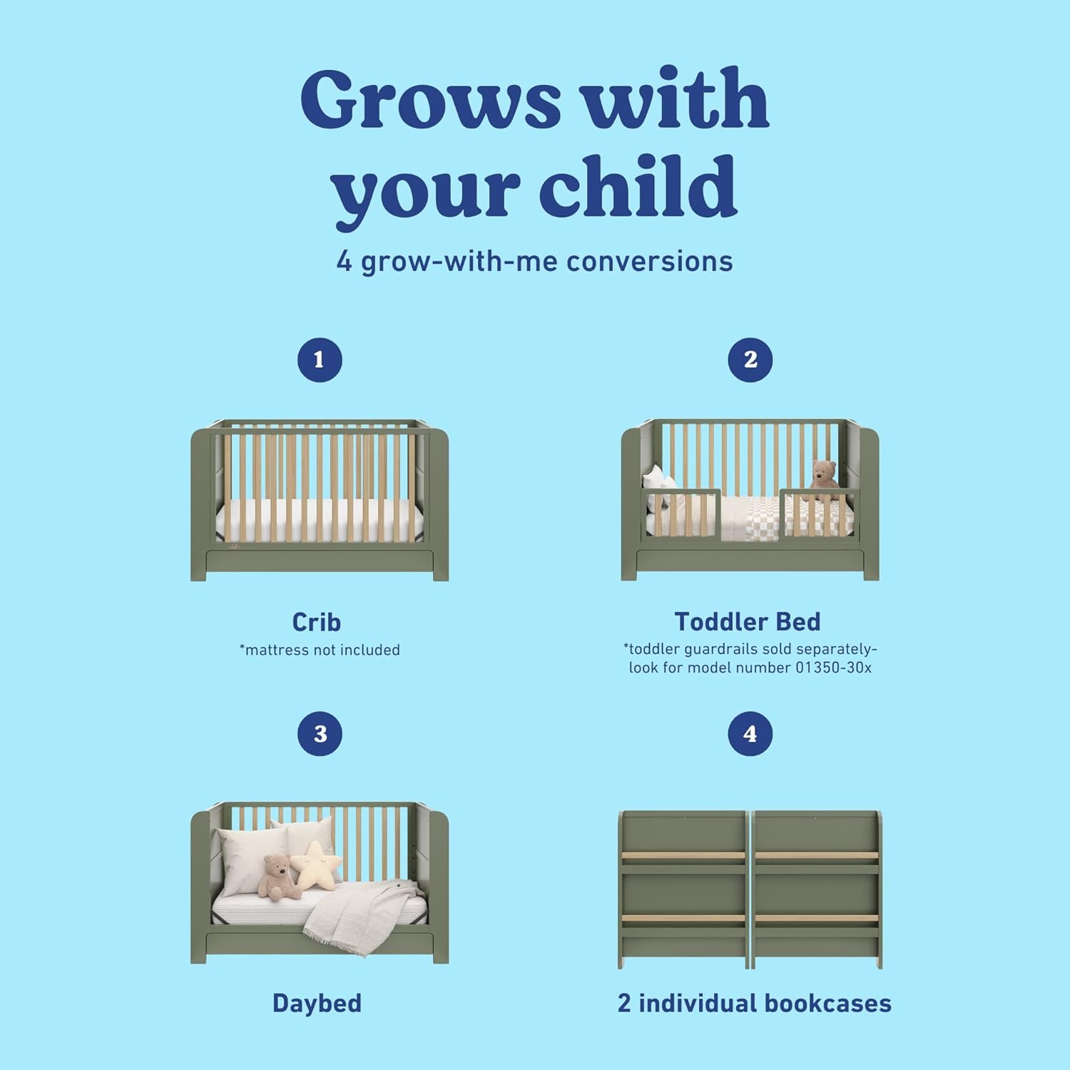 Graco Read-with-Me 4-in-1 Convertible Crib with Drawer - GREENGUARD Gold Certified Converts to Toddler Bed, Daybed, and Functional Bookshelves (Olive and Driftwood)