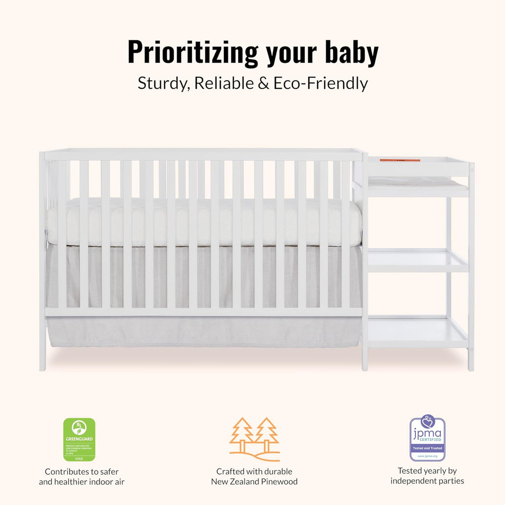 Dream On Me Synergy 3-in-1 Convertible Full-Size Baby Crib & Changer, White, Open Storage, GreenGuard Gold & JPMA, Pinewood, Converts to Day & Toddler Bed, 4 Mattress Heights, 1″ Changing Pad,