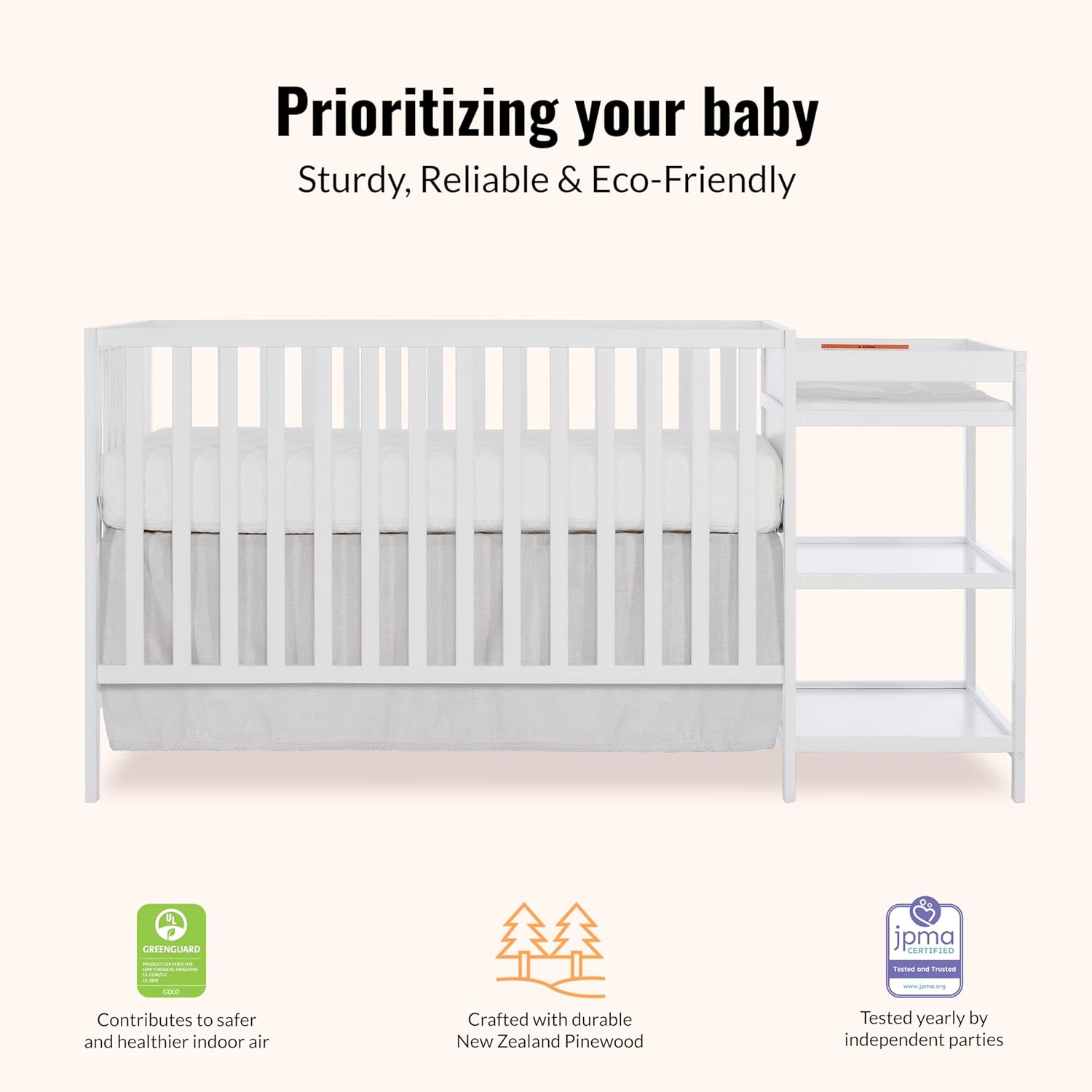 Dream On Me Synergy 3-in-1 Convertible Full-Size Baby Crib & Changer, White, Open Storage, GreenGuard Gold & JPMA, Pinewood, Converts to Day & Toddler Bed, 4 Mattress Heights, 1″ Changing Pad,