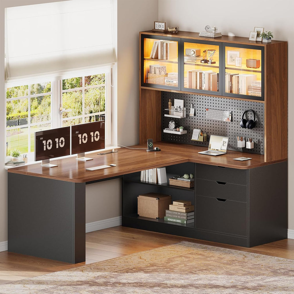 SEDETA L Shaped Office Desk, Computer Desk with 3 Wood Drawer and Large Bookshelf, L Shaped Corner Gaming Desk with LED Light, Display Cabinet and Pegboard, 27.5" W Large Desktop Table, Brown