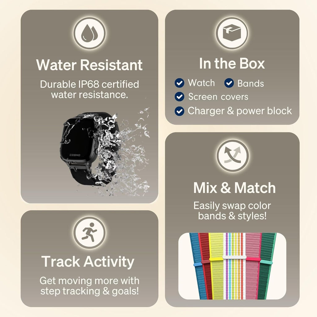 JrTrack 5 Kids Smart Watch by Cosmo | Best Kid-Safe Phone Watch | Precision Real-Time GPS Tracking | Call, Text, Activity, School Settings | Spotify Music | Parental Controls | SOS & Safety Alerts