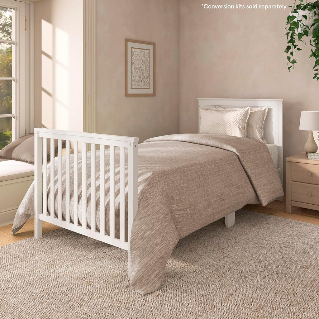 Dream On Me Ava 4-in-1 Mini Baby Crib with Daybed & Twin Bed Conversion in White, GreenGuard Gold & BSA, Non-Toxic Finish, 3-Position Adjustable Height, Includes 1″ Mattress Pad