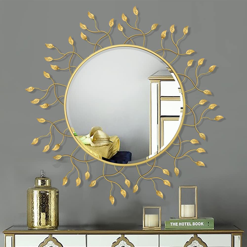 Chende 39" x 39" Gold Decorative Wall Mirror, Large Round Mirror with Metal Leaves, Gold Frame for Living Room, Entrance, Dining Room, Bedroom